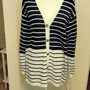 NWT ALFRED DUNNER NAVY/WHITE STRIPE CARDIGAN.....XL